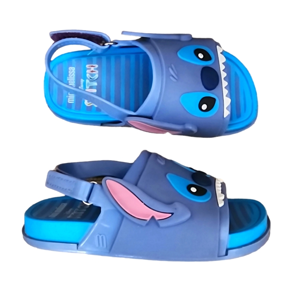 Mini Melissa Blue and Purple Shark Sandals with Pink Ear Detail